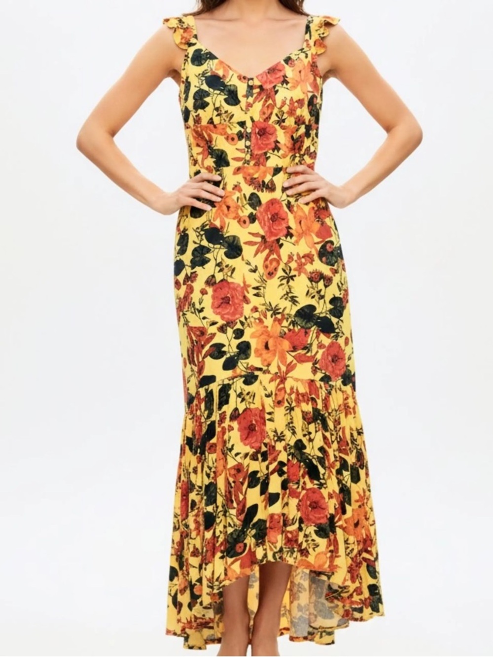 Celsea 28 Small Yellow Floral Maxi Dress with Red & Orange Blooms ruffle straps